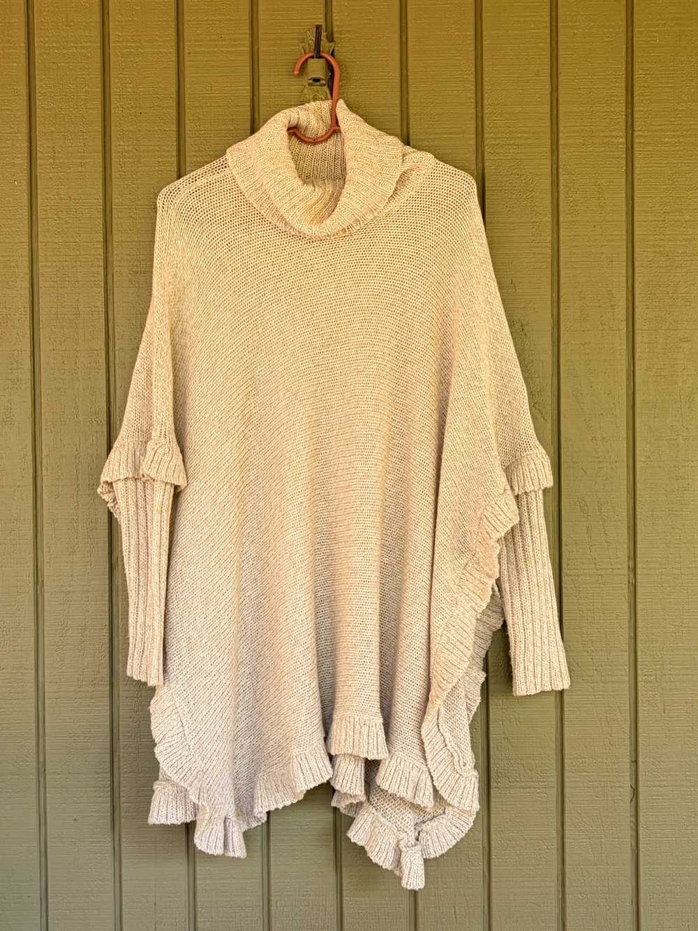 RD Style Oatmeal Beige Ruffle Trim Turtleneck Poncho Sweater S